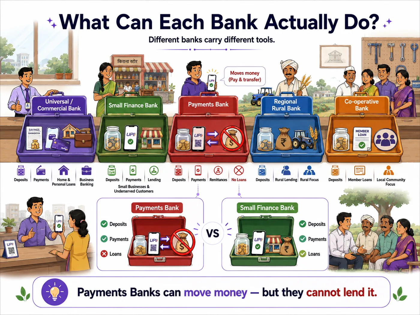 Comparison of what major bank types in India can do