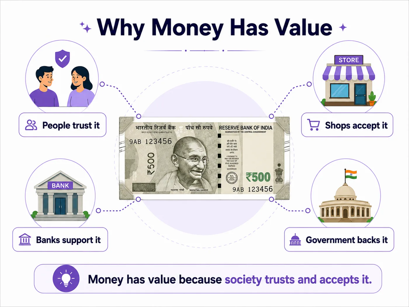 Why money has value: people trust it, shops accept it, banks support it and government backs the system