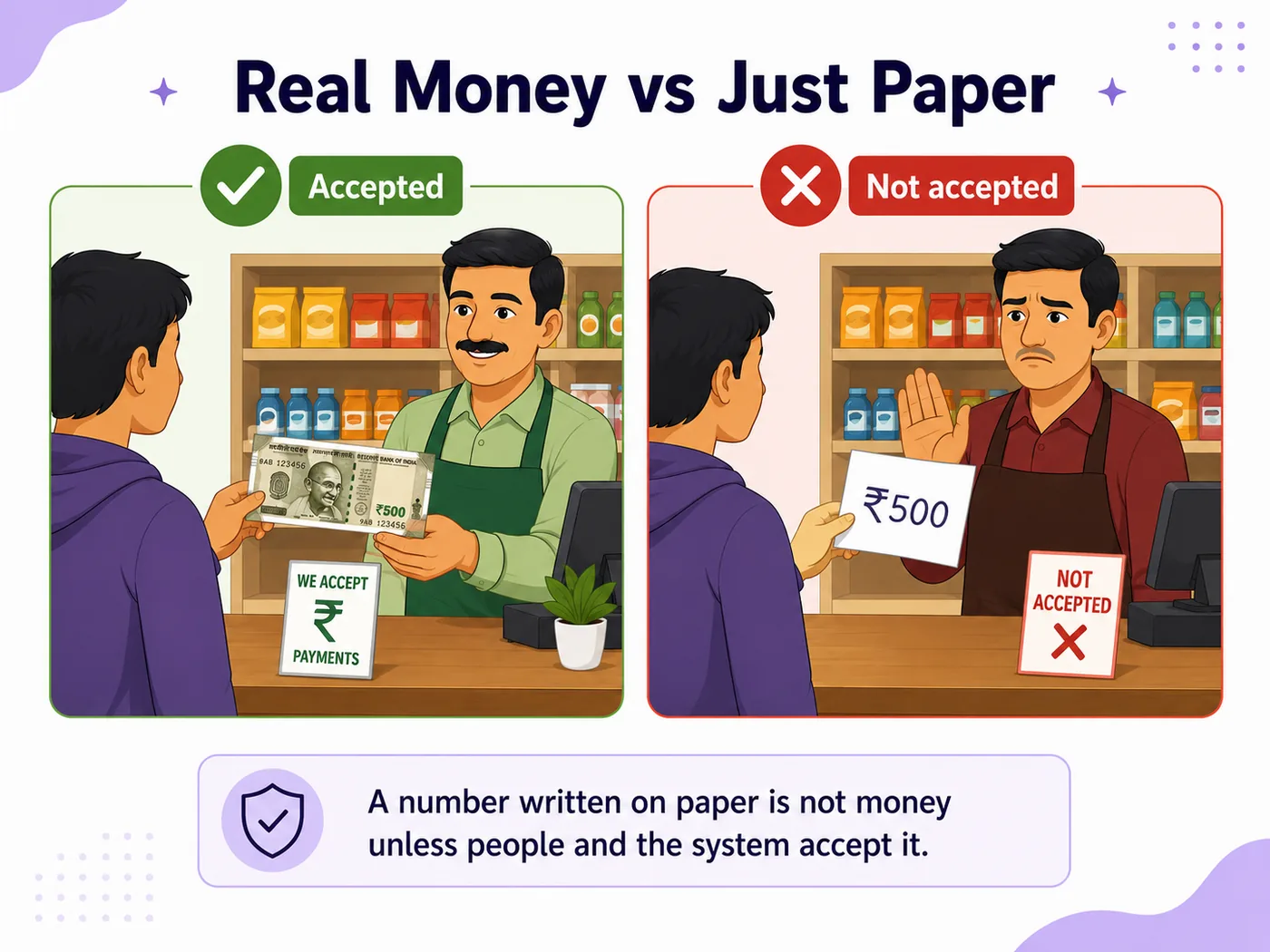 Real ₹500 currency accepted versus handwritten ₹500 paper not accepted