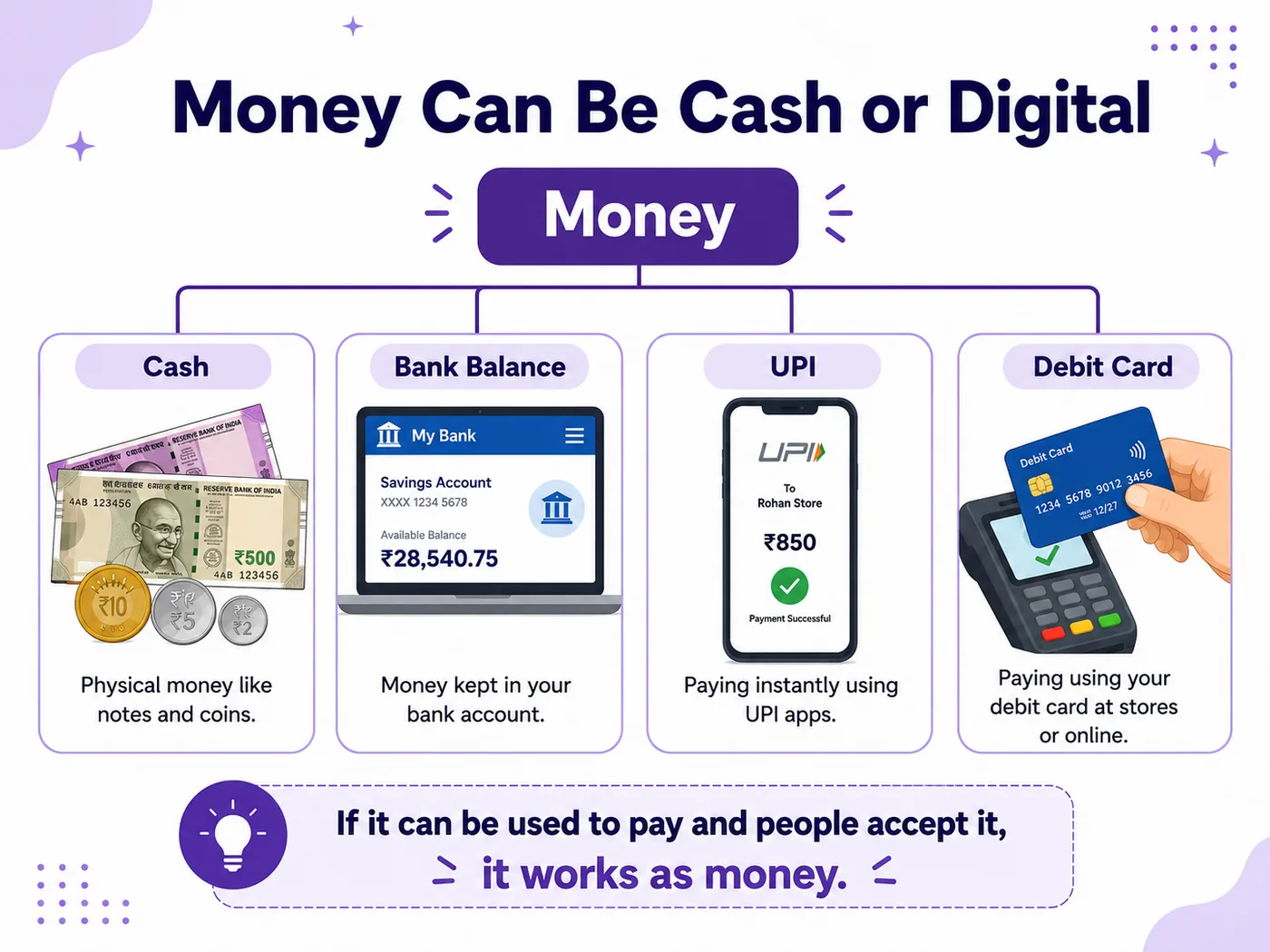 Money can be physical cash, a bank balance, UPI or debit card spending