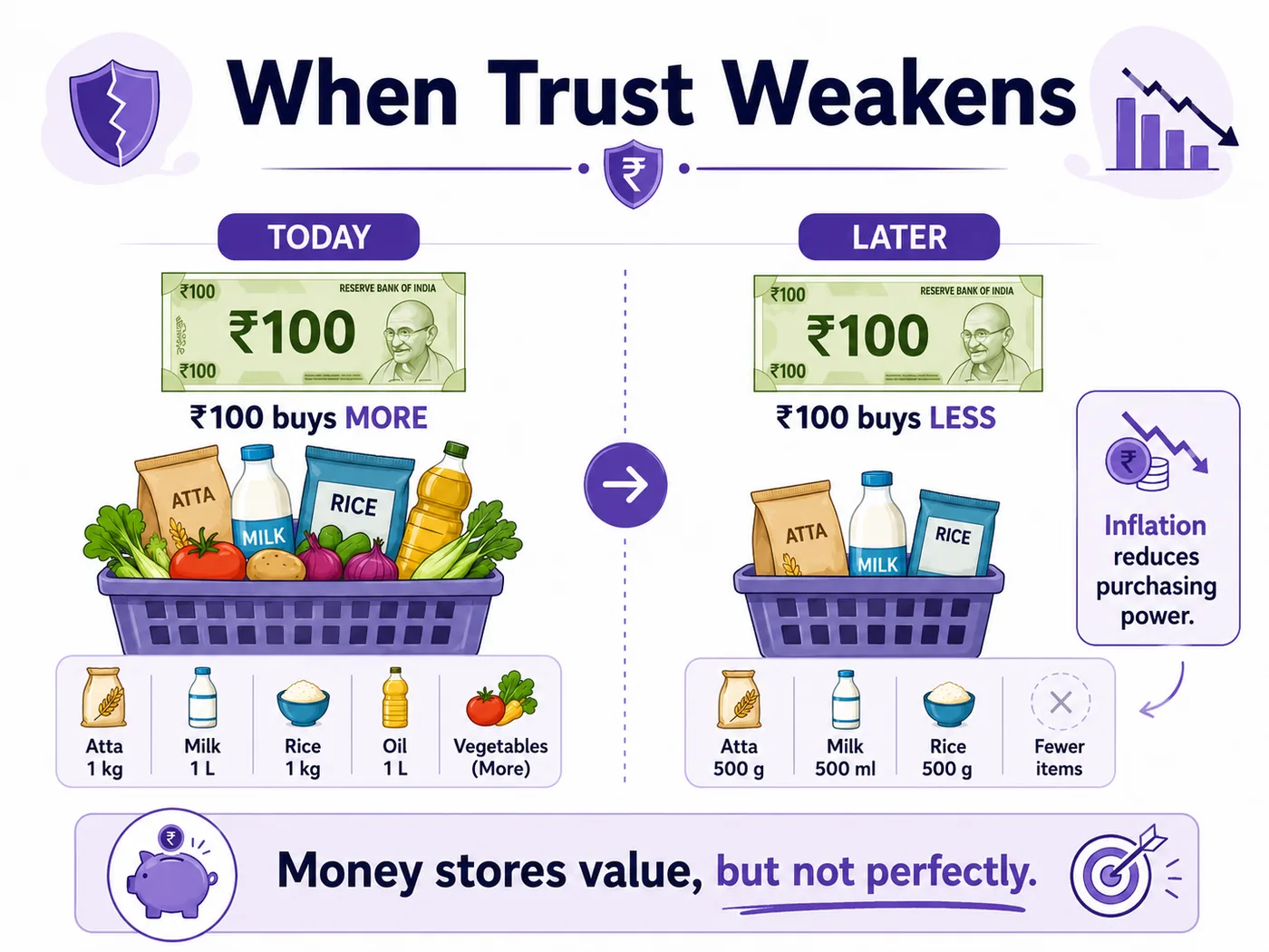 ₹100 buys more today and fewer goods later as inflation reduces purchasing power