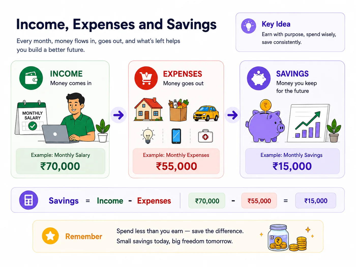 Income minus expenses equals savings