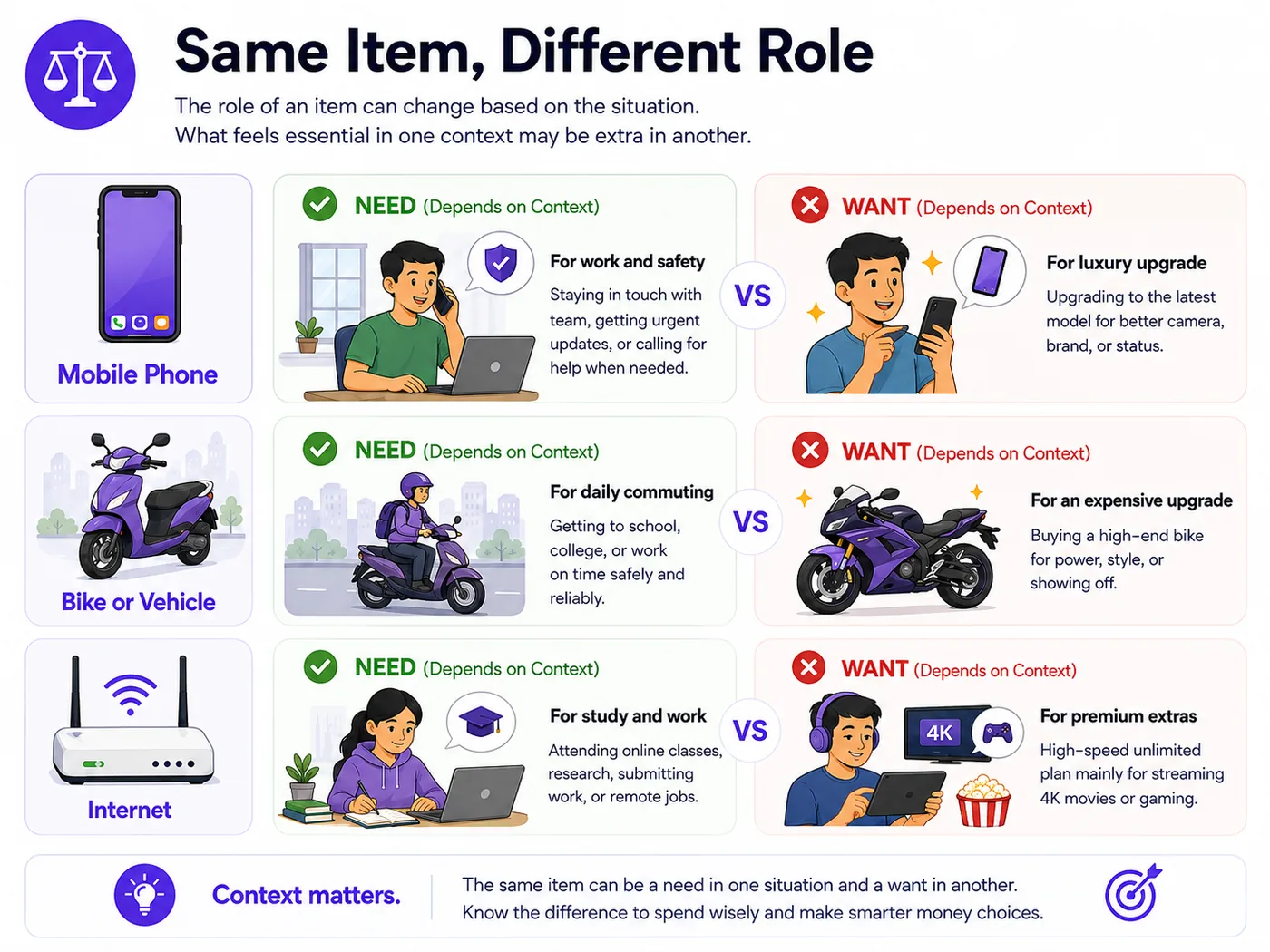 The same phone, vehicle or internet connection can be a need or want depending on context