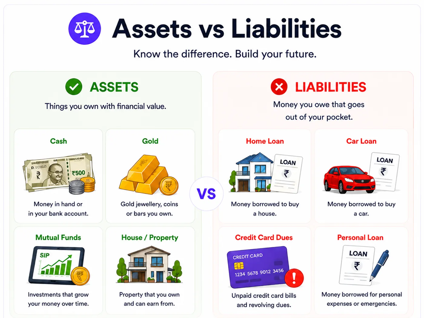 Examples of assets and liabilities